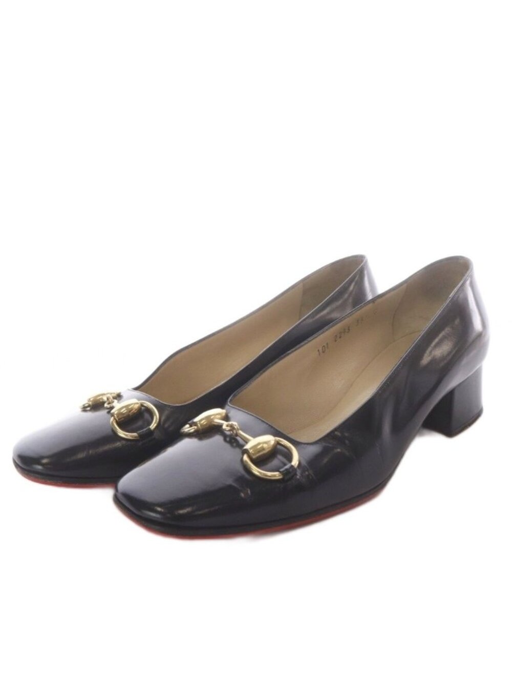Gucci 101 Pumps Chunky Heel Horsebit Square Toe Leather Black